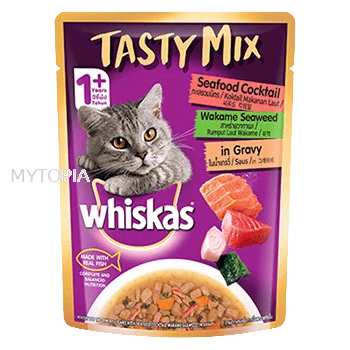 WHISKAS TASTY MIX POUCH SEAFOOD, SEAWEED IN GRAVY 70G