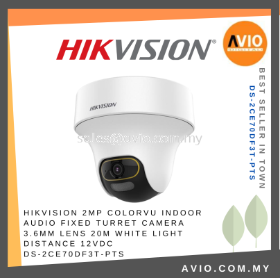 Hikvision 2MP 2 Megapixel ColorVu Analog Indoor Turret Dome CCTV Camera Mic 3.6mm Lens 20m white light DS-2CE70DF3T-PTS