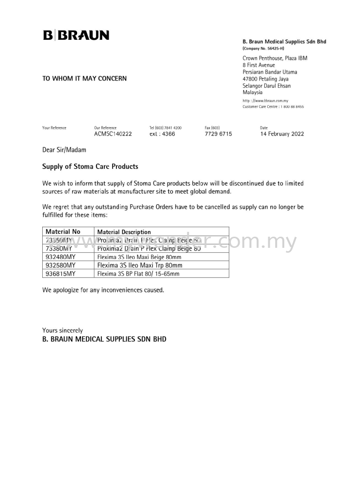 Import Of STOMA CARE PRODUCT Has Been Discontinued By BBRAUN In Malaysia