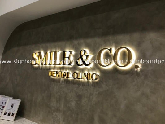 smile & co stainless steel gold box up 3d led backlit lettering indoor wall signage at bukit damansara