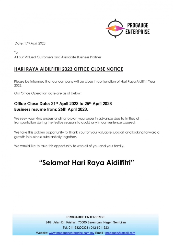 HARI RAYA AIDILFITRI 2023 OFFICE CLOSE NOTICE