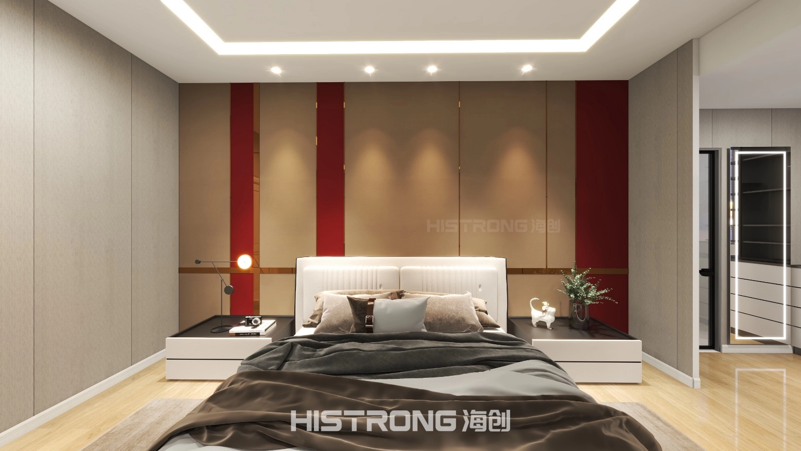 Bedroom, Bedhead Feature Wall, Bamboo Fibre Panel Feature Wall, Aluminium Inlay, Cabinetry, Bedroom Feature Wall, Red Wall