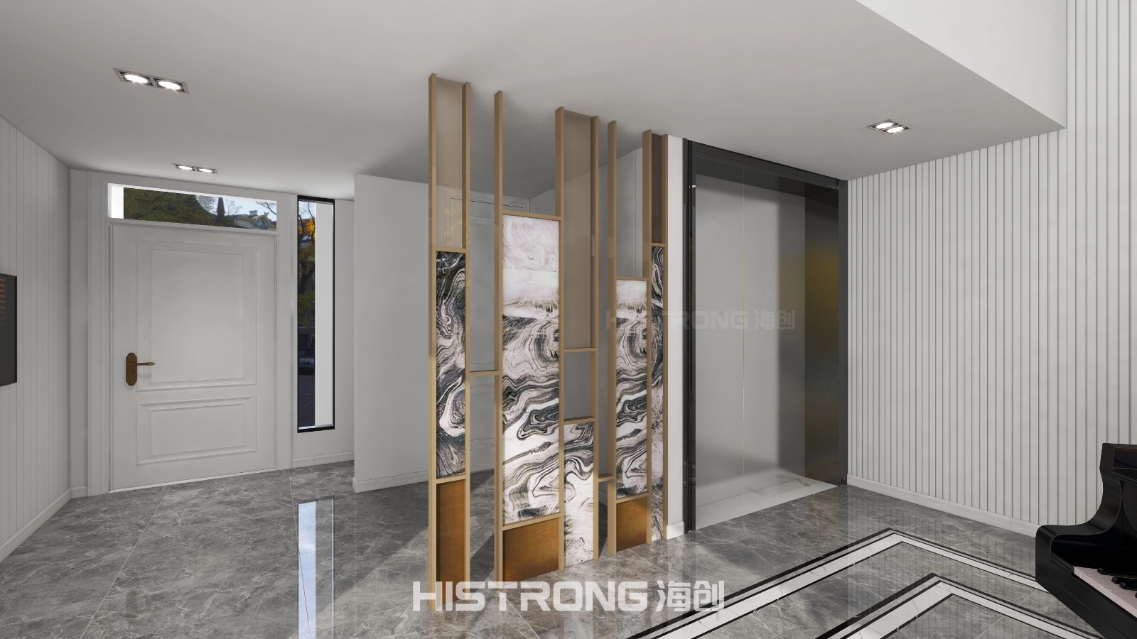 Living Area, Piano Area, Marble Feature Partition, Bamboo Fibre Panel Feature Wall, Bamboo Fibre Fluted Panel, Living Feature Wall, Mirror Feature Wall