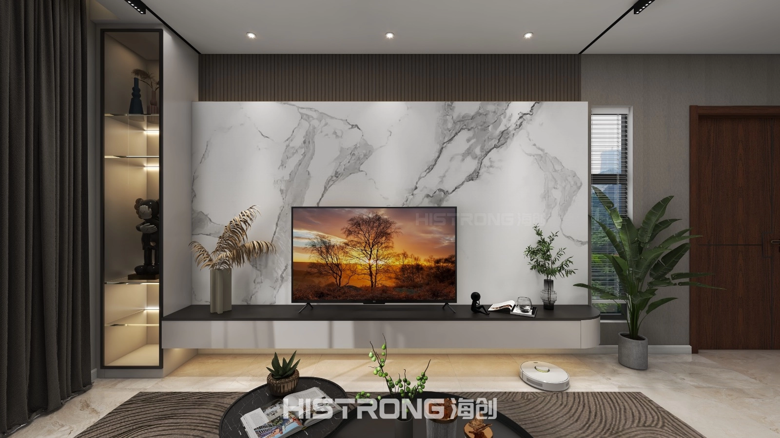 Living Area, Bamboo Fibre Panel Feature Wall, Marble Feature Wall, TV Feature Wall, TV Cabinet, Living Feature Wall