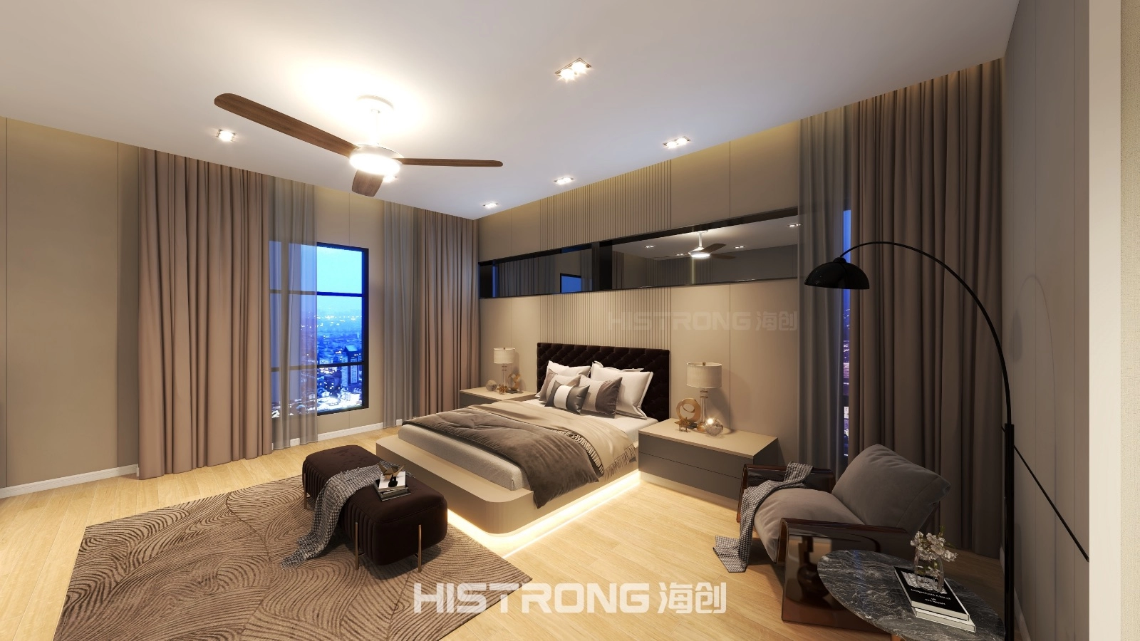 Bedroom, Bamboo Fibre Panel Wall, Aluminium Inlay, Bamboo Fibre Ceiling, Mirror Feature Wall, Cabinetry