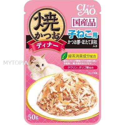 CIAO KITTEN POUCH GRILLED TUNA FLAKE IN JELLY WITH SLICED BONITO & SCALLOP 50G x 6