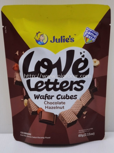 JULIE'S LOVE LETTER WAFER CUBE CHOC HAZELNUT 60GM