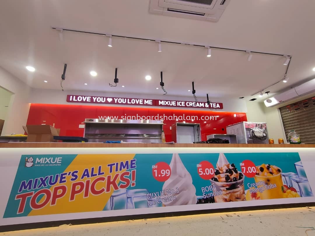 MIXUE KEDAI MINUMAN DAN AISKRIM OUTDOOR & INDOOR 3D LED FRONTLIT SIGNAGE & WALLPAPER PRINTING