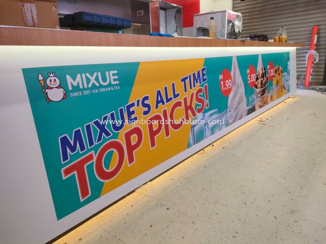 MIXUE KEDAI MINUMAN DAN AISKRIM OUTDOOR & INDOOR 3D LED FRONTLIT SIGNAGE & WALLPAPER PRINTING