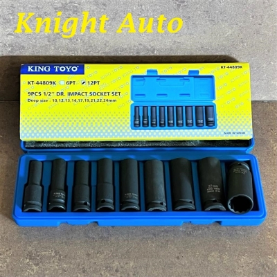 King Toyo KT-44809K-12PT 9 PCS 1/2" Dr. Metric Impact Socket Set 10mm-24mm ID34430