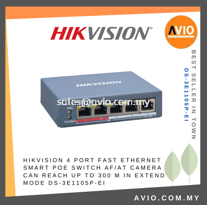 HIKVISION 4 Port Fast Ethernet Smart POE Switch AF/AT Camera Can Reach Up To 300M DS-3E1105P-EI