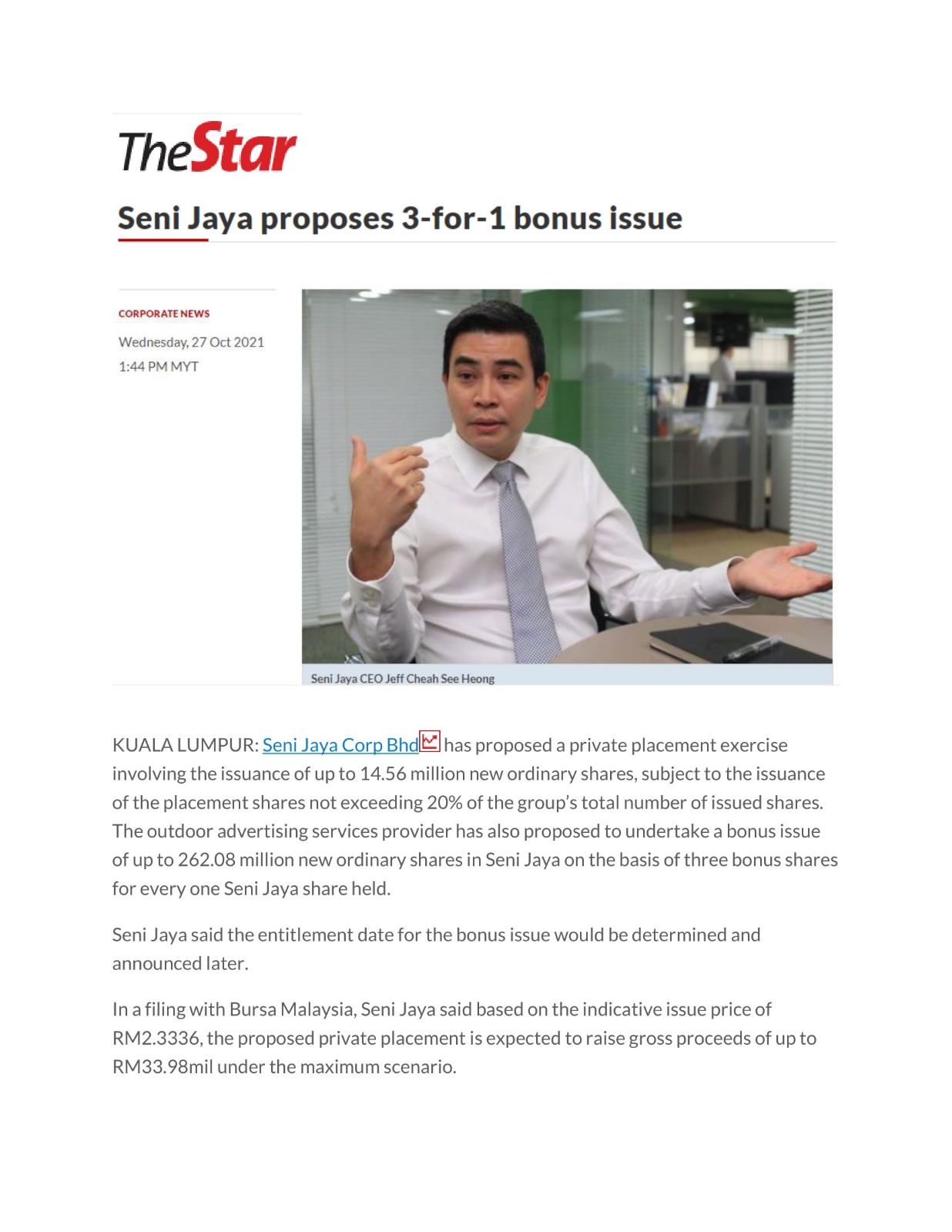 [ 3-For-1 Bonus Issue ] 2021-10-27 | The Star