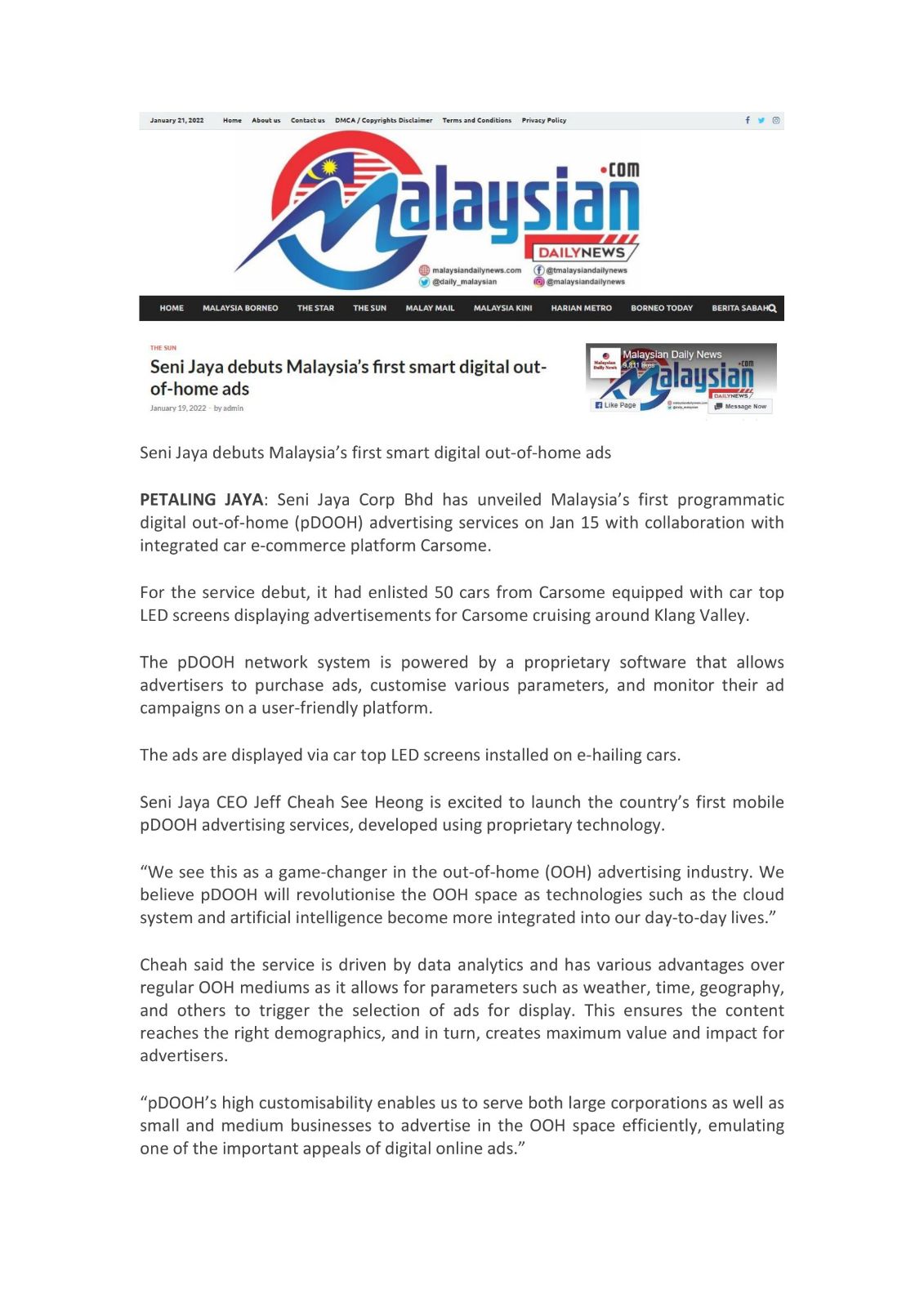 [ Launched Malaysia's 1st Mobile PDOOH ] 2022-01-19 | Malaysian Daily News