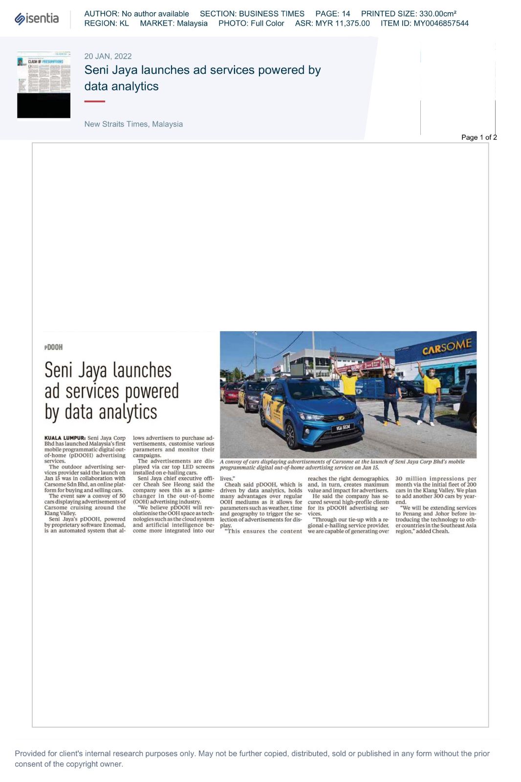 [ Launched Malaysia's 1st Mobile PDOOH ] 2022-01-20 | New Straits Times (News Paper)