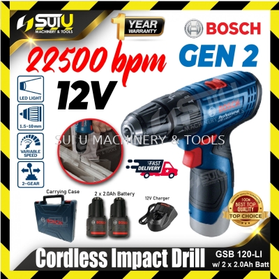 BOSCH GSB 120-LI / GSB120-LI GEN II 12V 30NM Cordless Impact Drill 1500RPM w/ 2 x 2.0Ah Batteries + Charger