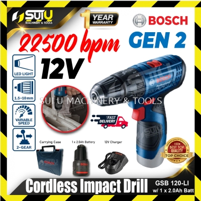 BOSCH GSB 120-LI / GSB120-LI GEN II 12V 30NM Cordless Impact Drill 1500RPM w/ 1 x 2.0Ah Battery + Charger 