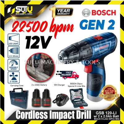 BOSCH GSB 120-LI / GSB120-LI GEN II 12V 30NM Cordless Impact Drill 1500RPM w/ 2 x 2.0Ah Batteries + Charger + 33pcs X-line Bits