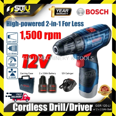 BOSCH GSR120-LI  / GSR 120-LI GEN II 12V 30NM Cordless Drill 1500RPM + 2 x 2.0Ah Batteries + Charger + Tool Box