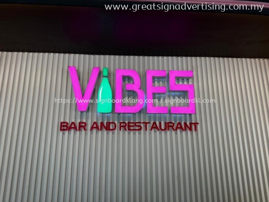 Vibes Bar Indoor 3D Box Up LED Frontlit Lettering Logo Signage at Kuala Lumpur (KL)