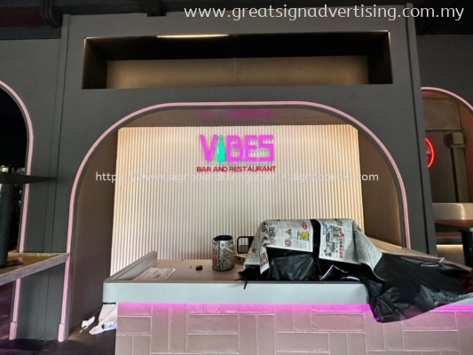 Vibes Bar Indoor 3D Box Up LED Frontlit Lettering Logo Signage at Kuala Lumpur (KL)