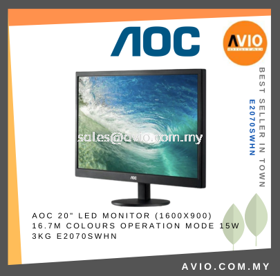 AOC 20" 20 Inch 19.5 60Hz LED Monitor 1600x900 16.7M Color Colour 15W 2.04KG 100x100 Vesa VGA HDMI Port Black E2070SWHN