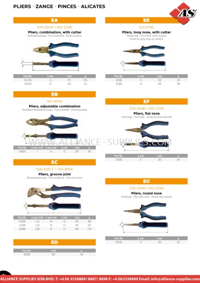 AMPCO Pliers Combination with Cutter / Pliers, Long Nose With Cutter / Adjustable Combination / Groove Joint / Flat Nose / Round Nose