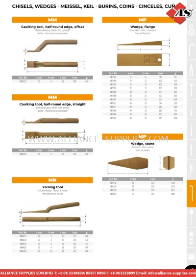 AMPCO Caulking Tool, Half-round Edge, Offset / Caulking Tool, Half-round Edge, Straight / Yarning Tool / Wedge, Flange / Wedge Stone