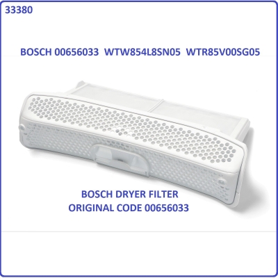 Code: 33380 BOSCH  WTH85200GB / WTW854L8SN / WTR85V00SG / WTW85561BY / WTW87561GB DRYER FILTER ORI