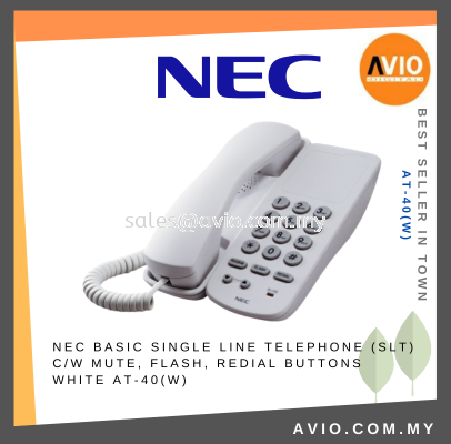 NEC Basic Single Line Phone Telephone SLT c/w Mute Flash Redial Button White 2 Core Wire RJ11 Port AT-40(W)