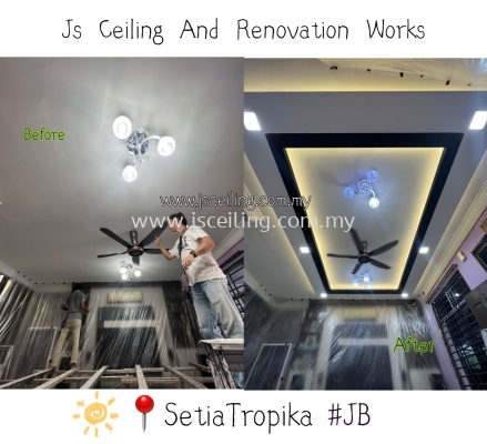 Cornice Ceiling Design #Setia Tropika #Jb Change New ceiling &Design #LivingHall Island Design#included Wiring #in Installation led Downlight. #Led Strip #Free On-Site Quotation #Free On-Site Measurement 