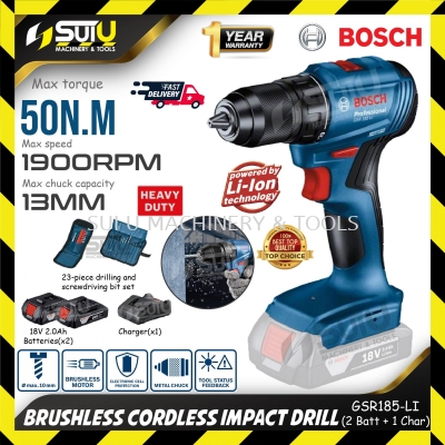 BOSCH GSR185-LI / GSR 185-LI 18V 50NM Brushless Cordless Impact Drill 1900RPM 2 x Batt 2.0Ah + 1 x Charger