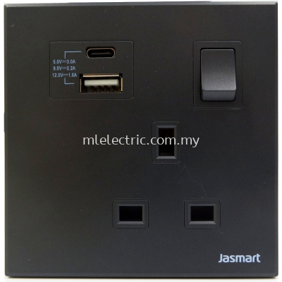 JASMART T5013SUSBC 1 GANG 13A SWITCH SOCKET WITH USB AND TYPE C (BLACK)