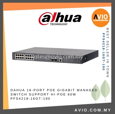 Dahua L2 Gigabit Managed Network Switch 16 Port PoE RJ45 LAN Support Hi PoE 2x SFP Port 190 Watt Max PFS4218-16GT-190