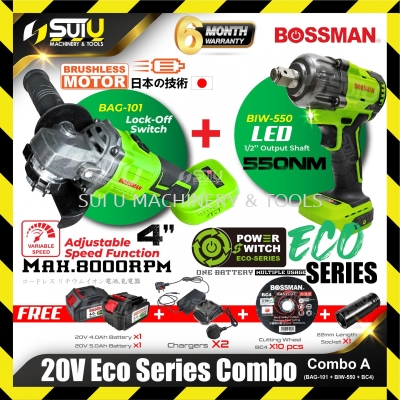 [BIW550 + BAG101 + BC4] BOSSMAN ECO SERIES 20V Cordless Combo A BIW550 Impact Wrench + BAG101 4 Angle Grinder + 10 x BC4 Cutting Wheel (SET)