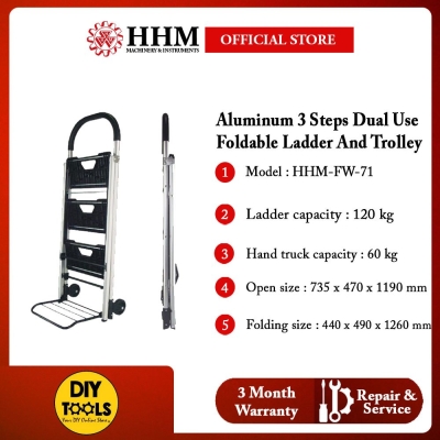 Aluminum 3 Steps Dual Use Foldable Ladder And Trolley (Trolley Max. Capacity : 60 kg) - HHM-FW-71