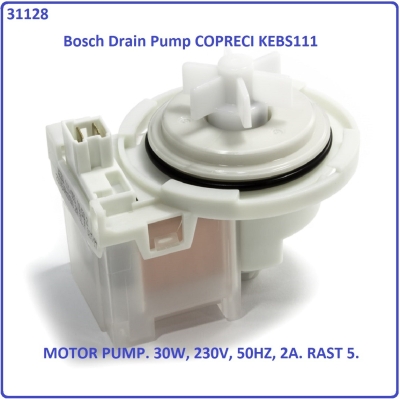 Code: 31128 Bosch WAQ28441 / WFD1061ME / WFD2061ME Drain Pump COPRECI KEBS111 30W, 230V
