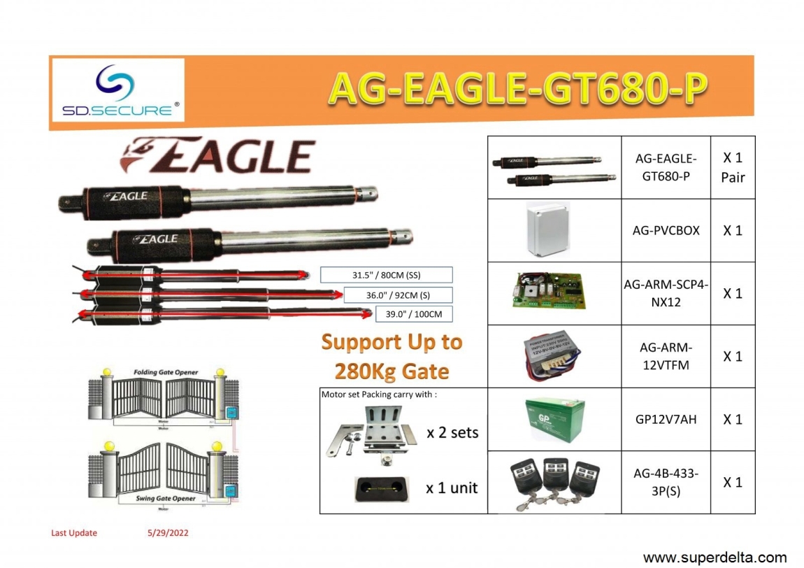 EAGLE-GT680 SWING ARM AUTOGATE Sistem Pintu Automatik Eagle Pagar Automatik Arm Carta Pilihan Warna Corak