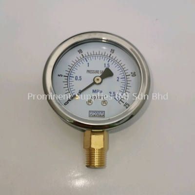 2 1/2'' Dial Pressure Gauge | Bottom Connection 1/4'' | Reading 0 - 2.5 MPa or 0 - 25 kg/cm2 | Stainless Steel Casing | Brass Connector 