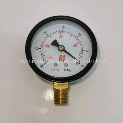 2 1/2" Dial Vacuum Gauge | Bottom Connection 1/4" | Reading 0 to -76 cmHg or 0 to -30 inHg | Metal Casing Body | Brass Connector 