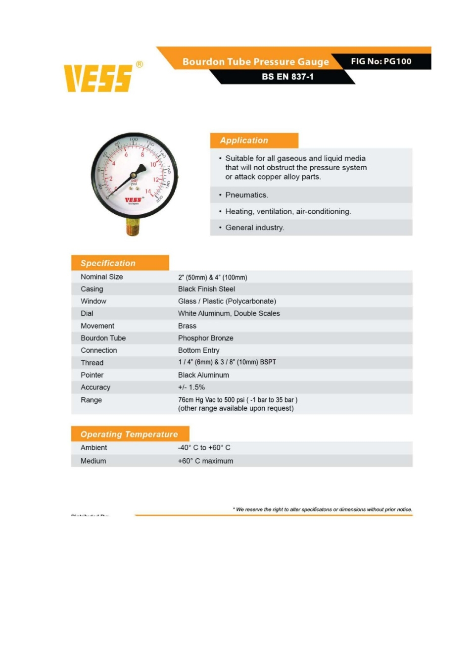 VESS 50MM DIAL FIG. PG.50 GENERAL PRESSURE GAUGE