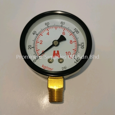 2 1/2'' Dial Pressure Gauge | Bottom Connection 1/4'' | Reading 0 - 140 PSI or 0 - 10 kg/cm2 | Metal Casing | Brass Connector 