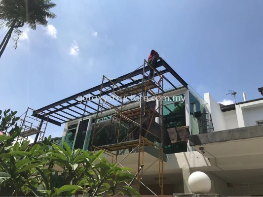 Before and After Progress Done - To Fabrication and Install C Channel Frame Awning Acp with Pu Ceiling Panel with C Channel Structure Support- Rawang 