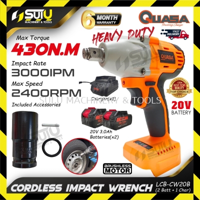 QUASA LCB-CW20B 20V 430NM Cordless Impact Wrench 2400RPM 3000IPM + 2 x Batteries 3.0Ah + Charger