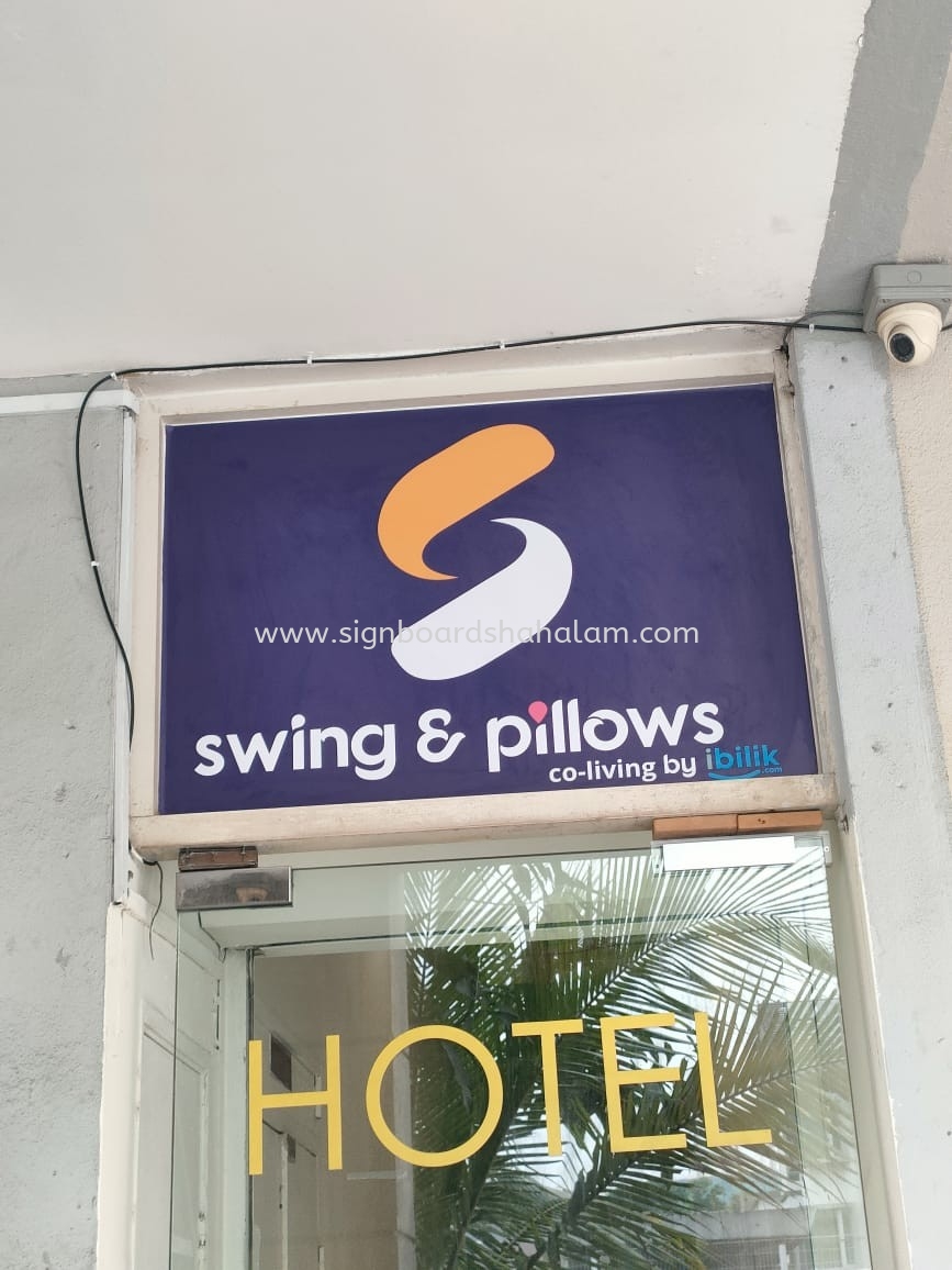 Swing & Pillows Hotel Aluminium Trim Casing Base With 3D Box Up LED Frontlit Lettering Signboard At Kepong