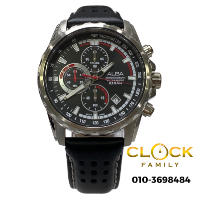 Alba Chronograph Dial Black Mineral Crystal Glass Stainless Steel Case Black Leather Strap Men Watc