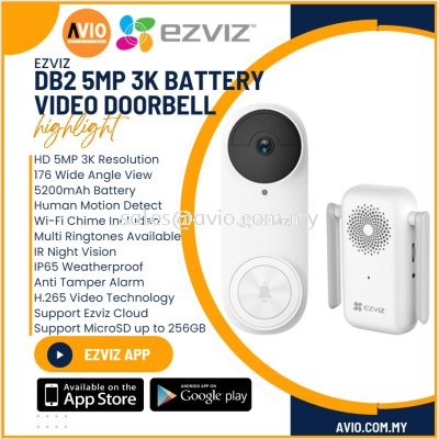 Ezviz Battery Powered Video Doorbell Kit IP65 5MP 5 Megapixel Night Vision Human Detect WideView 5200mAh MicroSD DB2 5MP