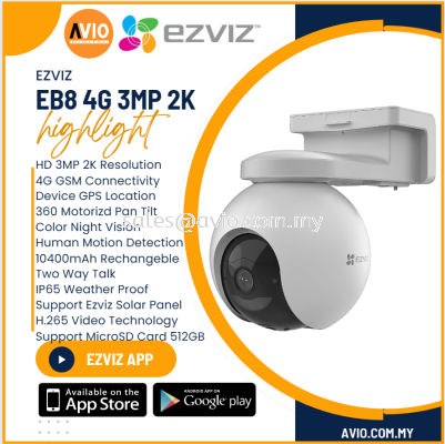 Ezviz 4G Sim Card GPS 4MP 4 Megapixel Wi-Fi Wifi Wireless IP65 PT Battery CCTV Camera Night Vision Alarm Tracking EB8