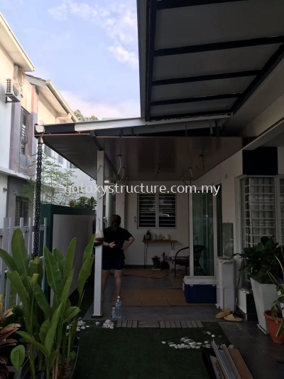 First progress done:1)To extend existing pergola awning paint with Aluminum ceiling panel 2)To relocated wiring job lighting point,fan point and install new down light and new fan - Shah Alam 