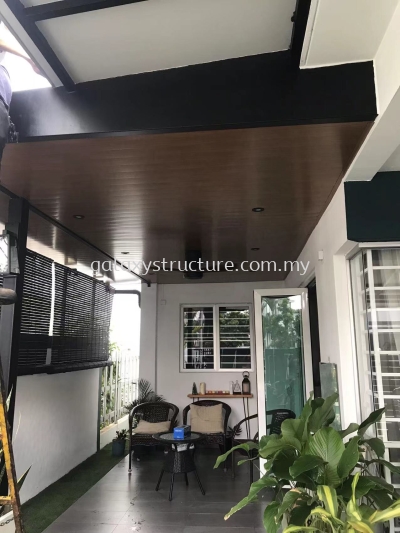 First progress done:1)To extend existing pergola awning paint with Aluminum ceiling panel 2)To relocated wiring job lighting point,fan point and install new down light and new fan - Shah Alam 