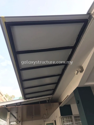 First progress done:1)To extend existing pergola awning paint with Aluminum ceiling panel 2)To relocated wiring job lighting point,fan point and install new down light and new fan - Shah Alam 